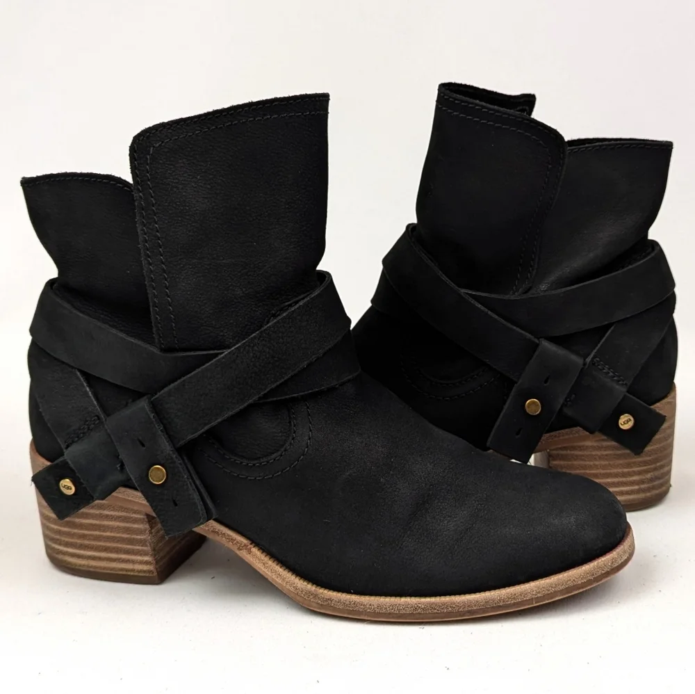 UGG Elora Ankle Boot Nubuck Suede Leather  Strappy Block Heel Scandi Black 7.5